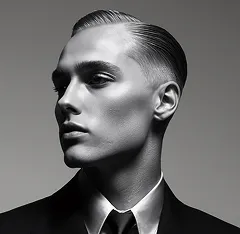 Black and white portrait of a man with slicked-back hair wearing a suit and tie, looking to the side.